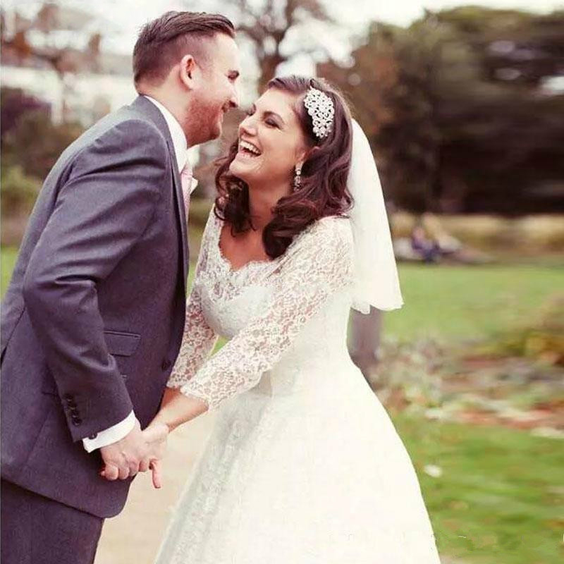 Vintage Tea Length Country Dresses with Long Sleeves A e Lace V-neck Short Garden Beach Bridal Wedding Gowns