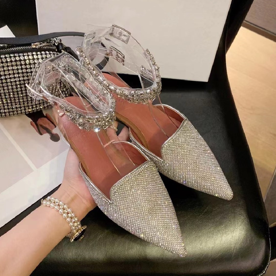 Amina muaddi Begum Crystal Embellished Buckle Stain Spool Flat Sandals Women's Luxury Designer Dress Shoes Evening Backless Sandals size35-42, Shoe box