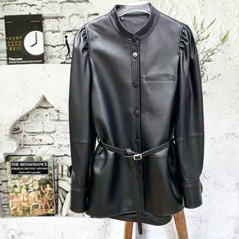 Women' Leather 2022Women' Genuine Autumn Coat Sheepskin Round Neck Belt Windbreaker Self-cultivation Jacket, Black 
Women' Leather 2022Women' Genuine Autumn Coat Sheepskin Round Neck Belt Windbreaker Self-cultivation Jacket, Black
