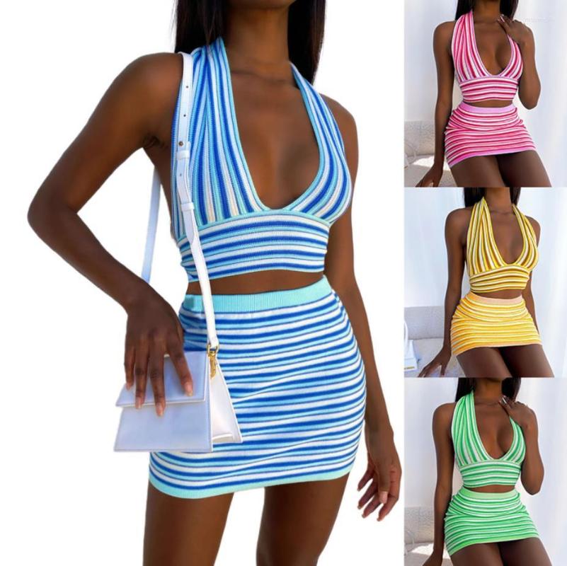 Work Dresses Women Sexy Two-piece Clothes Knitted Striped Pattern Deep V-neck Halter Crop Tops High Waist Skirt Set Clubwear, Blue
Work Dresses Women Sexy Two-piece Clothes Knitted Striped Pattern Deep V-neck Halter Crop Tops High Waist Skirt Set Clubwear, Blue