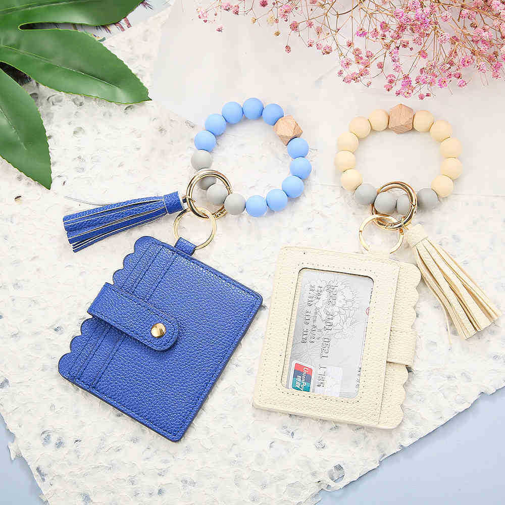 Handmade Jewelry Wholesale Silicone Bead Bracelet Card Holder Wooden Bead Wrist Keychain Pendant Anti-Lost Tassel Bracelet Key Ring