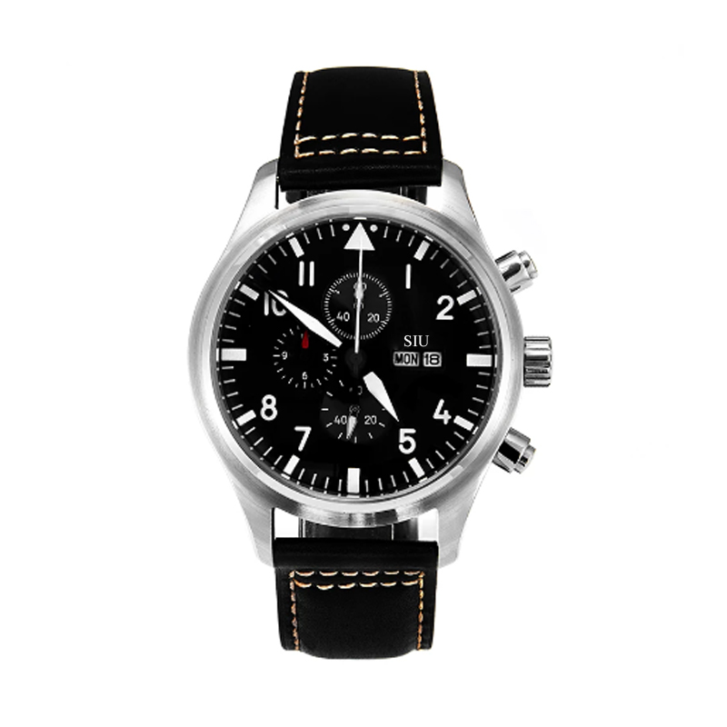 43mm Watch Mechanical Automatic Day/Date Full Luminous Domed Leather Strap Black Dial and Hands Designer Military Wristwatches Mens