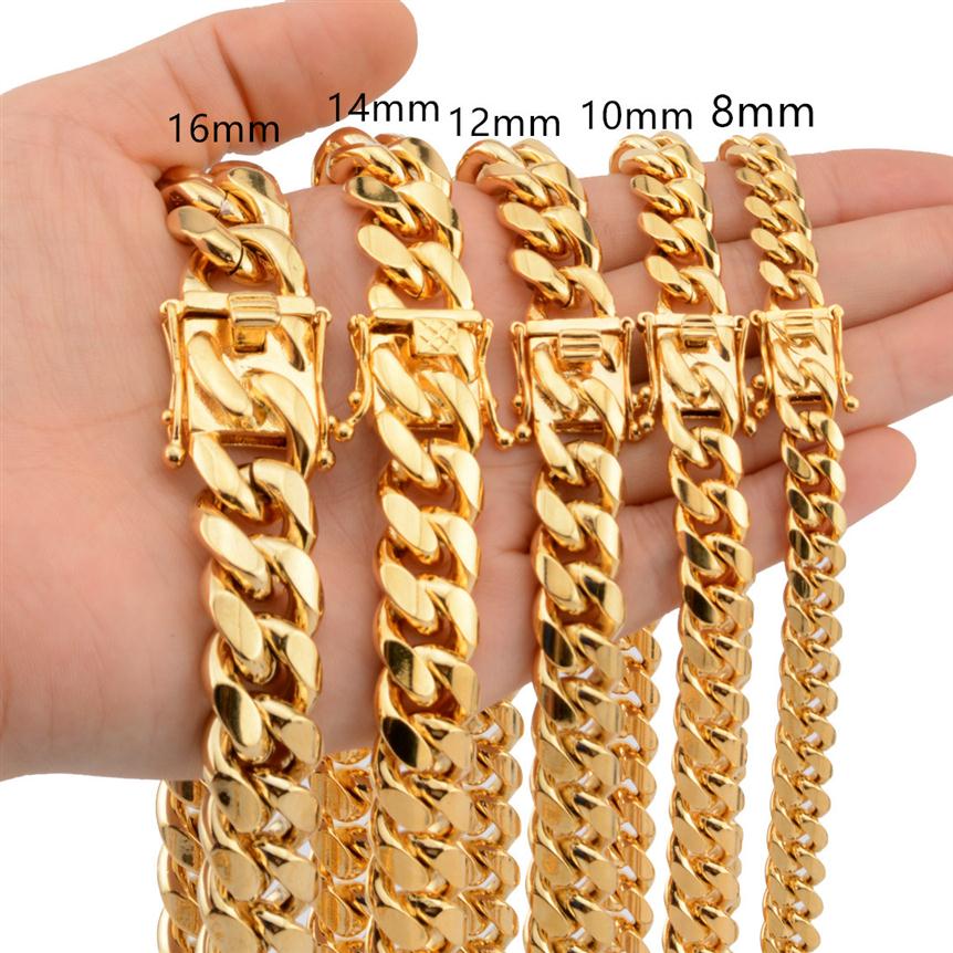 8mm 10mm 12mm 14mm 16mm Miami Cuban Link Chains Stainless Steel Mens 14K Gold Chains High Polished Punk Curb Necklaces2849