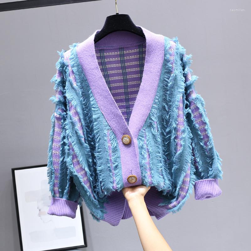 

Women's Knits Women Loose Lazy V-Neck Tassels Sweater Coat Spring Autumn Knit Striped Cardigan Fringed Jacket Holes OL Crop Tops Sueter, White