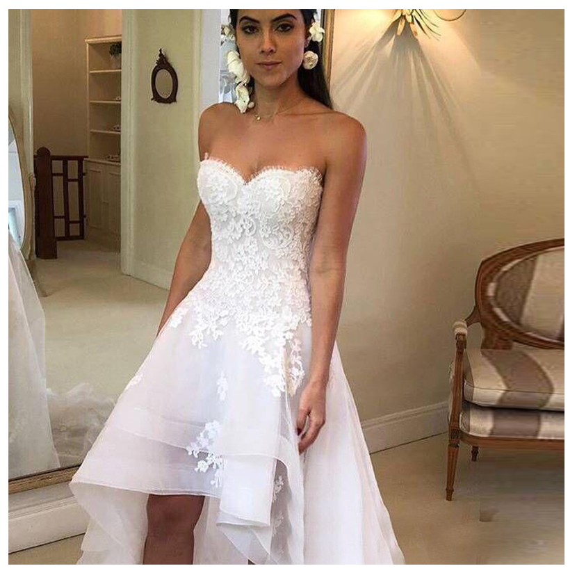 White Appliques Hi Low Dresses Sweetheart Lace Up Front Short Long Back Wedding Gowns robe de mariee