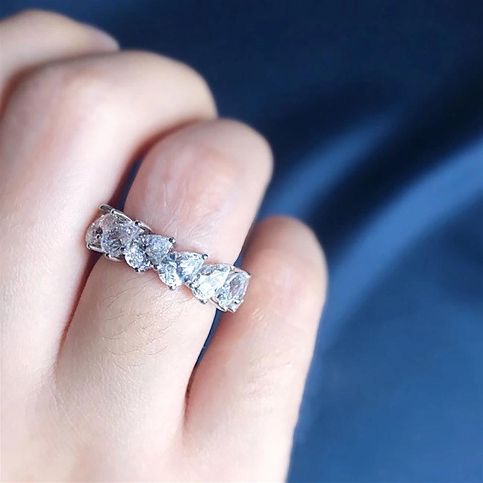 925 Sterling Silver Dropshaped Cut Row Diamond Platinu Moissanite Engagement Wedding Band rings for Women Gift192Q