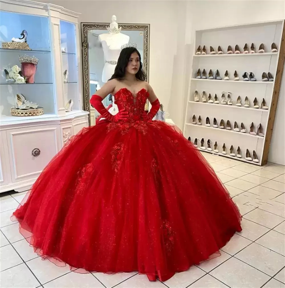 Red Prom Quinceanera Dresses Sweetheart Sleevess Floor Length Lace Up Plus Size Ball Gown Party Vestidos 15 Anos