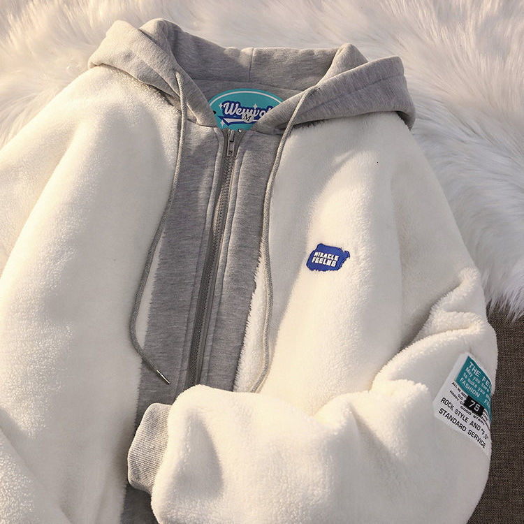 Women's Hoodies Sweatshirts Winter Lamb Wool Hooded Sweatshirt Women Casual Thick Warm Loose Padded Jackets Coat Hip-hop Retro Zip Up Patchwork 2
