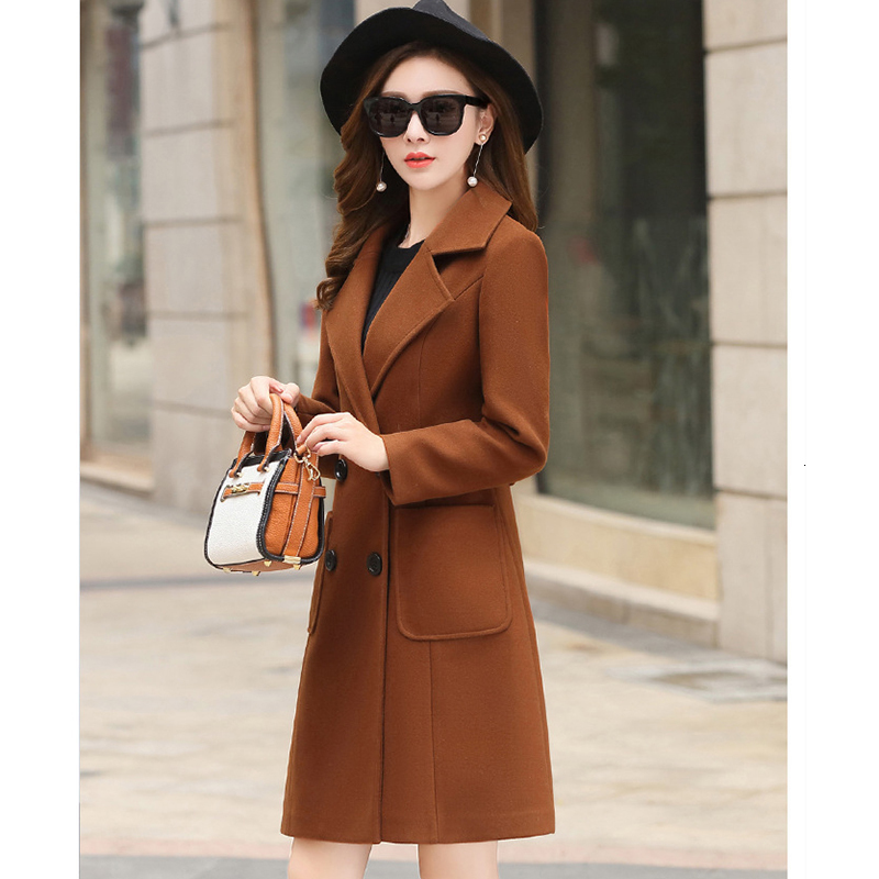 Women's Wool Blends Woolen Coat Turn-Down Collar Double Breasted Coats Autumn Korean Slim Khaki Black Jacket Female LD1423 221121