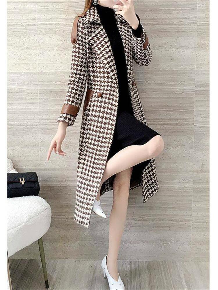 Women's Wool Blends Woman Long Plaid Woolen Coat Houndstooth Overcoat 221121