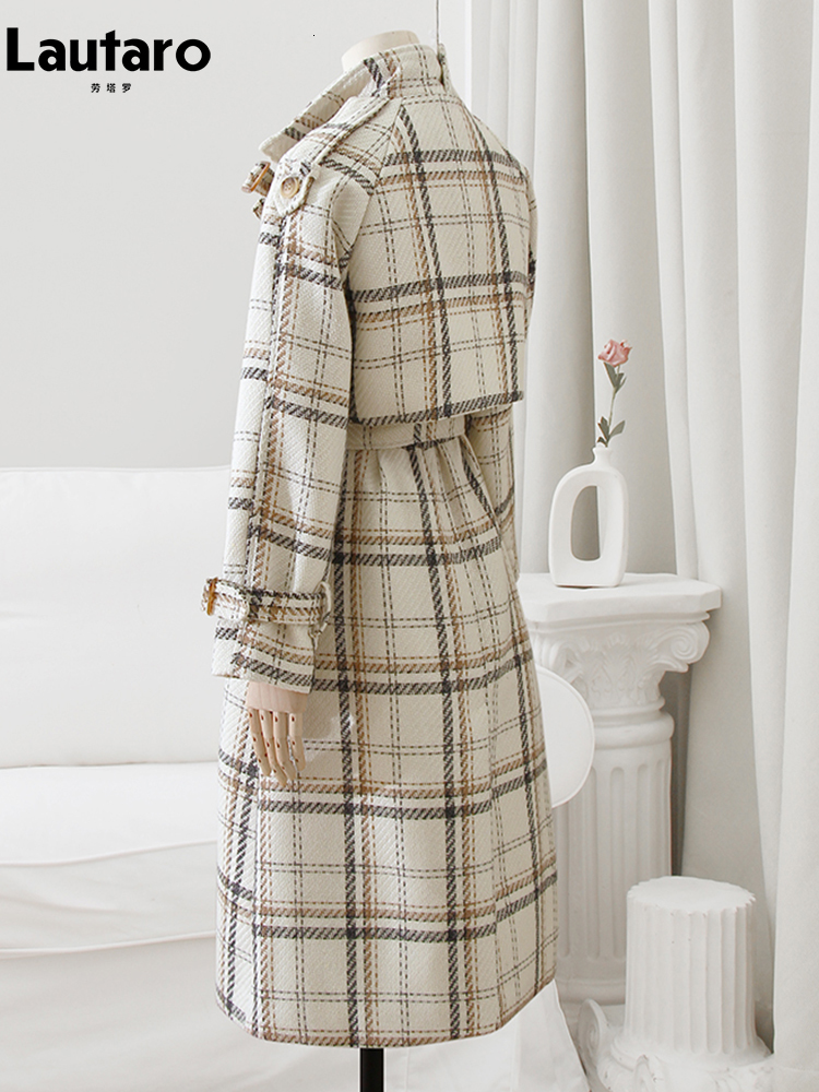 Women's Wool Blends Lautaro Autumn Winter Long Loose Warm Plaid Trench Coat for Women Raglan Sleeve Belt Double Breasted en Overcoat 221121