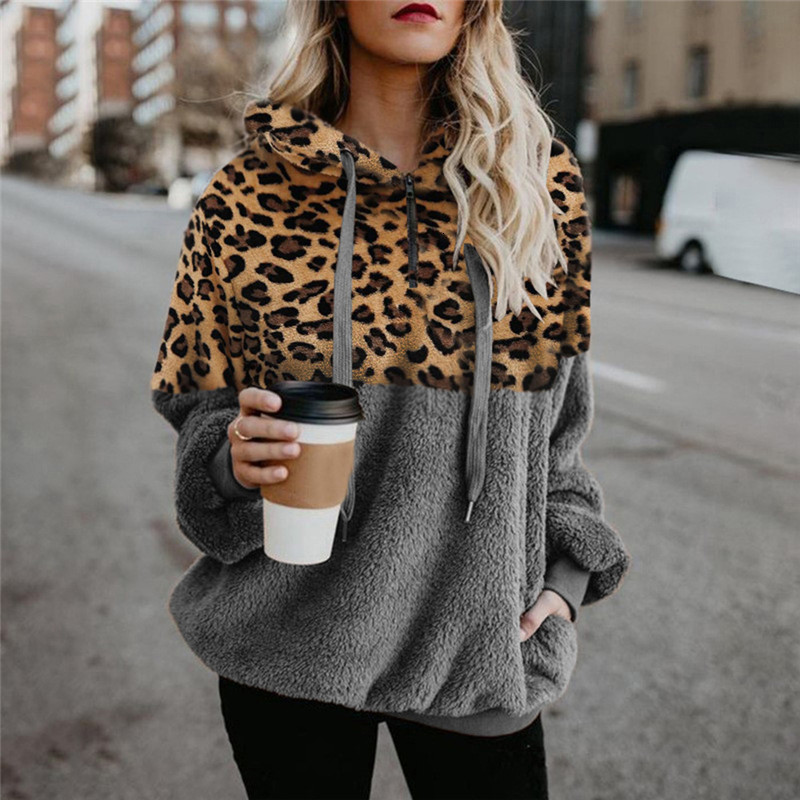 Women's Hoodies Sweatshirts Casual Loose Plush Leopard Patchwork Women Zipper Tops Long Sleeve Drawstring Hooded Warm Sweatshirt With Pockets Aut