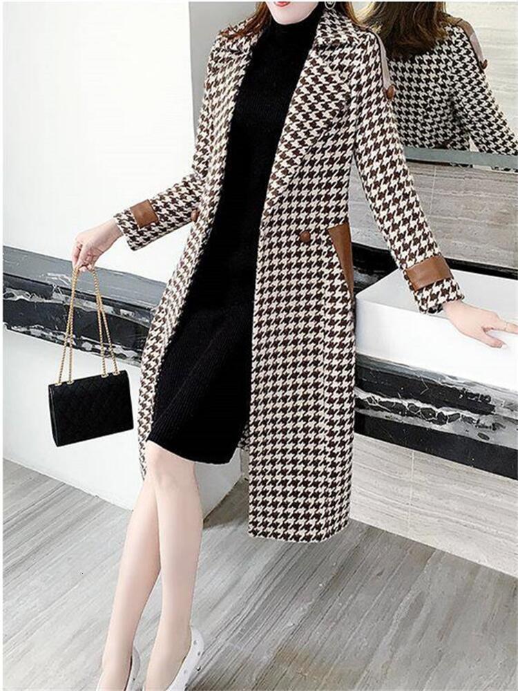 Women's Wool Blends Woman Long Plaid Woolen Coat Houndstooth Overcoat 221121