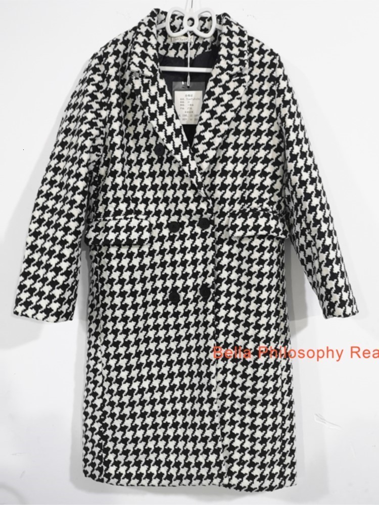 Women's Wool Blends Jacket Women Winter Korean Fashion Double Breasted Houndstooth Long Overcoat Thick Warm en Coat ropa mujer 221121