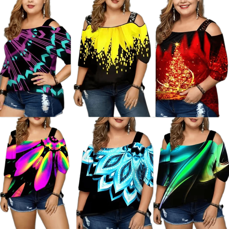 Women's Plus Size TShirt Summer Plus Size 5XL Tops Tshirt Women Sequins Hollow Out Butterfly Printed Black Tshirts Female Off Shoulder Tunic Tee 