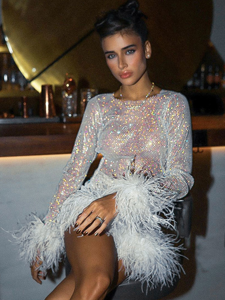 Two Piece Dress Casual Dresses Zoctuo Women Feather Bling Glitter Sequins Sexy Y2K Clothing 2Piece Set Long Sleeve Crop Top High Waist Mini Skirts Sui