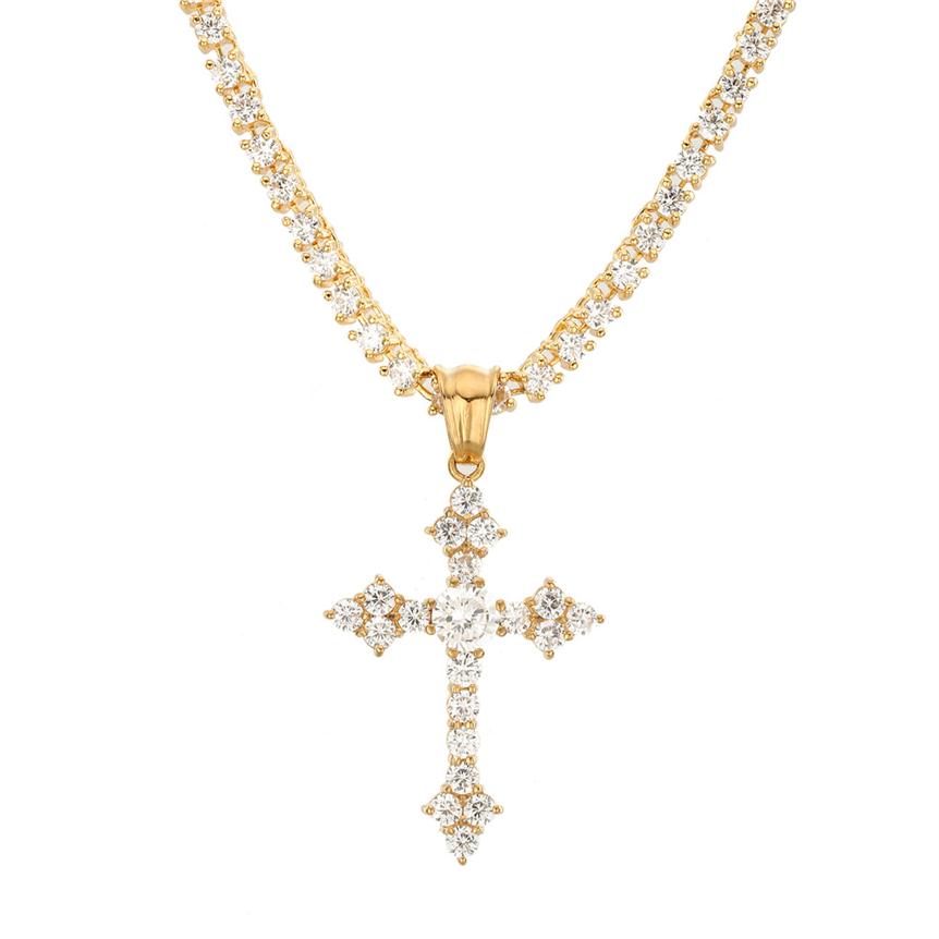 New Mens Luxury Micro Pave Iced Out Cubic Zirconia Cross Pendant Necklace Fashion Charm Jewelry With Tennnis Chain204H