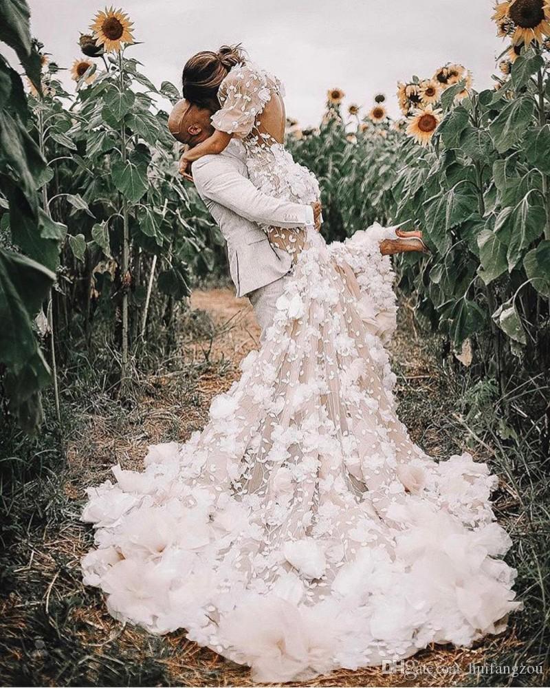 Designer Champagne Mermaid Wedding Dresses Bridal Gown With D Ral Applique Short Sleeves Plus Size Custom Made Sweep Train Vestidos De Novia E