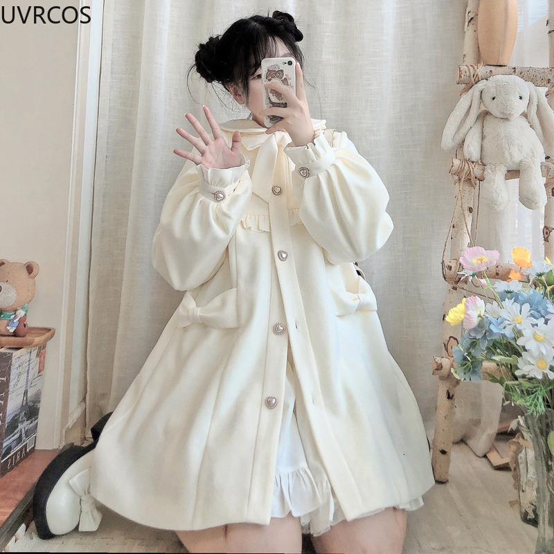 Women's Wool Blends Winter Woolen Coat Japanese Lolita Style Sweet Kawai Bow A-Line Loose Jackets Female Elegant Fall Korean Fashion Outwear 2211