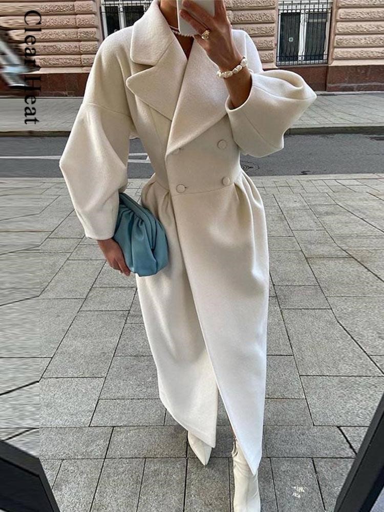 Women's Wool Blends Autumn Lantern Sleeve Women Woolen Coat Lapel Double-Breasted Office Lady Long Jackets Female Coats Windbreaker Thick Streetw