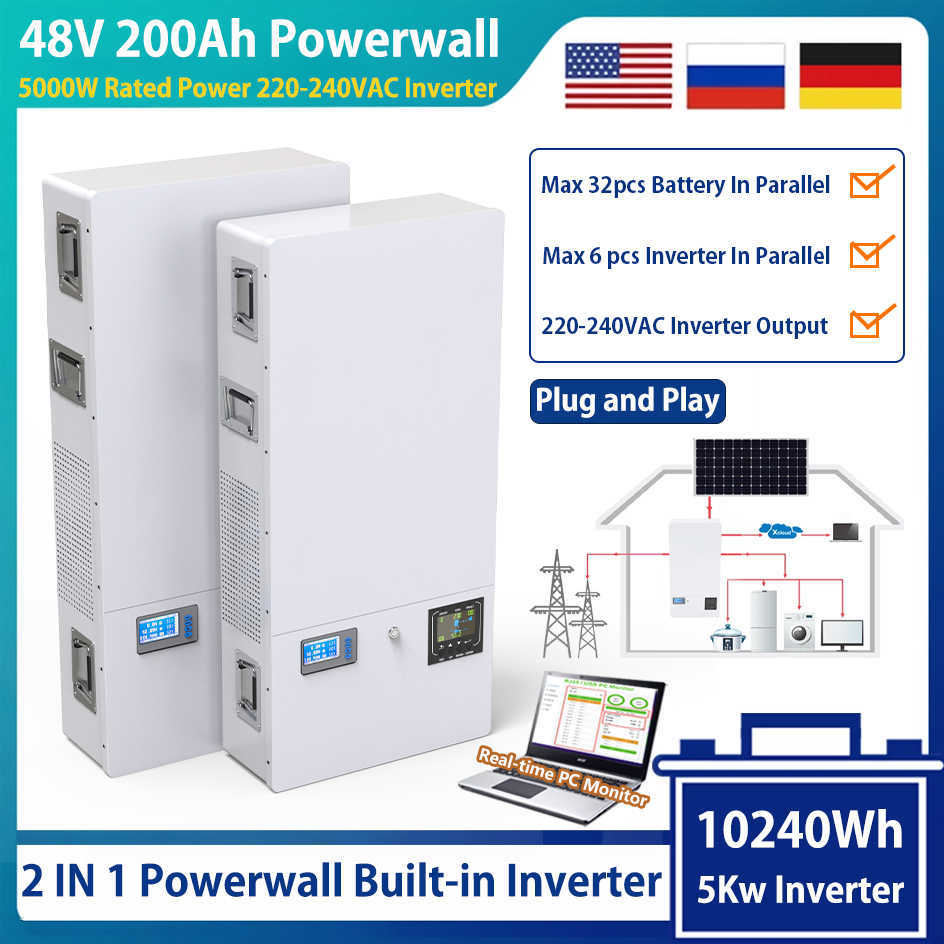 48V 200Ah LiFePO4 Powerwall Battery 10240Wh Built-in 16S 200A BMS 220-240VAC 5Kw Inverter Plug Play For Solar Off/On Grid NO TAX
48V 200Ah LiFePO4 Powerwall Battery 10240Wh Built-in 16S 200A BMS 220-240VAC 5Kw Inverter Plug Play For Solar Off/On Grid NO TAX