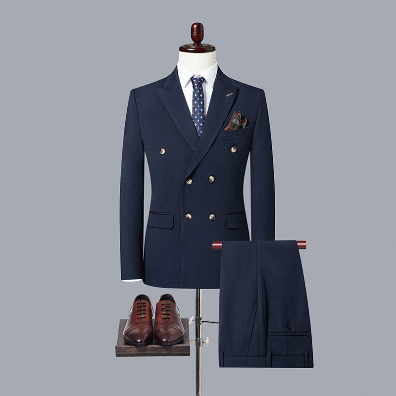 Mens Suits Blazers Fashion Casual Boutique Double Breasted Solid Color Business Suit Jacket Trousers Pants 2 Pcs Set Coat 221121