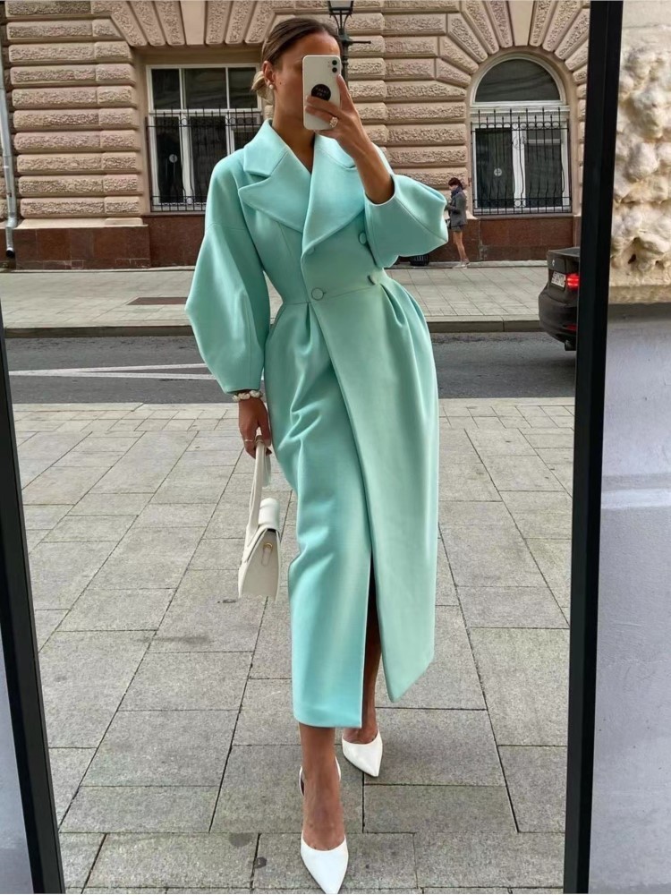 Women's Wool Blends Autumn Lantern Sleeve Women Woolen Coat Lapel Double-Breasted Office Lady Long Jackets Female Coats Windbreaker Thick Streetw