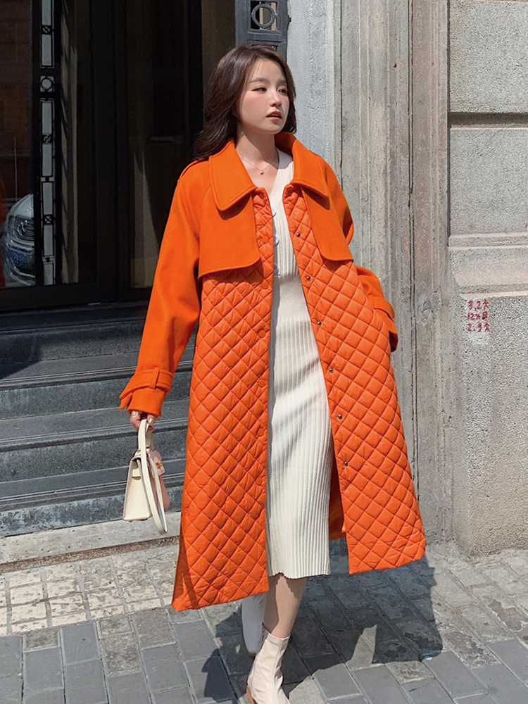 Women's Wool Blends LANMREM Patchwork Plaid Woolen Coats Women Lapel Long Sleeves Single Breasted Orange Belt Coat Female Streetwear Clothing 2R7