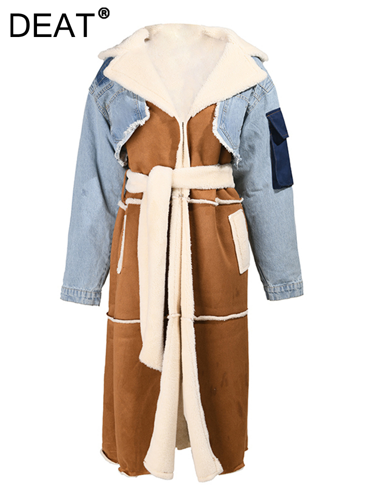 Women's Wool Blends DEAT Winter Jackets Turn-down Collar Temperament Patchwork Denim Long Sleeve Overcoat Woolen Coat Female 7C222 221121