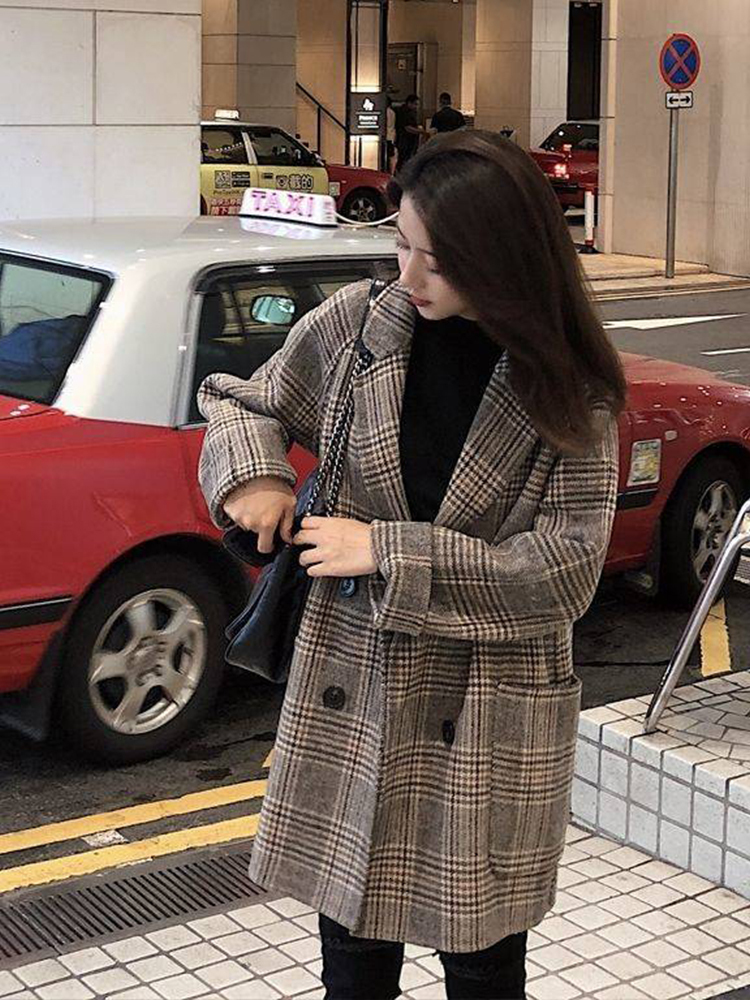 Women's Wool Blends Loose Plaid Woolen Coat for Women Fashion Lapel Slim Jackets Korean Autumn Woman clothing 221121