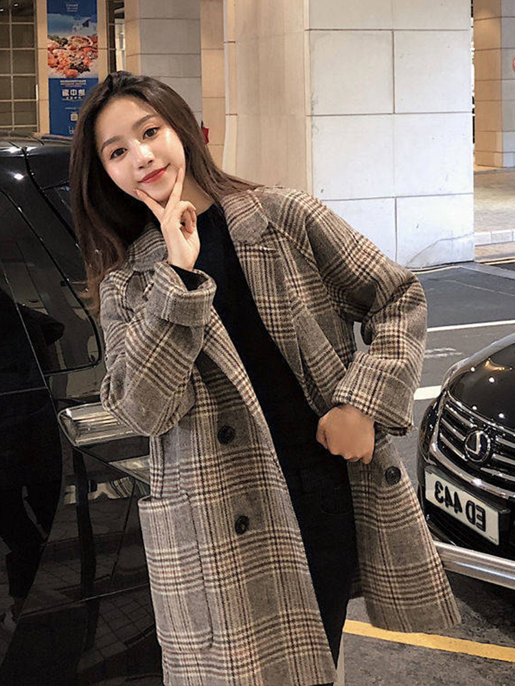 Women's Wool Blends Loose Plaid Woolen Coat for Women Fashion Lapel Slim Jackets Korean Autumn Woman clothing 221121