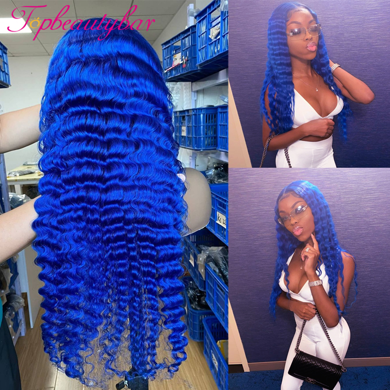 Free shipping 30'' 180 Density Long Blue Colored Front Human Hair For Women Deep Wave Synthetic Lace Frontal Wig