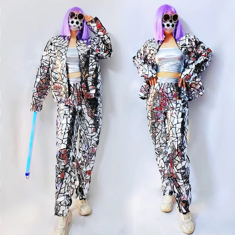 Female Dancer Stage Wear Team Hip Hop Jazz Rock Silver Laser Mirror Sequins Jacket Vest Pants Three Piece Set Nightclub Bar DJ Singer Show Performance