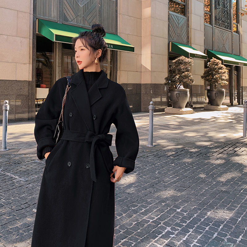 Women's Wool Blends Korea Women Spring Autumn Black Loose Long Coat Jacket Belt en Overcoat Split Hem Cardigan Outerwear 3XL 221121