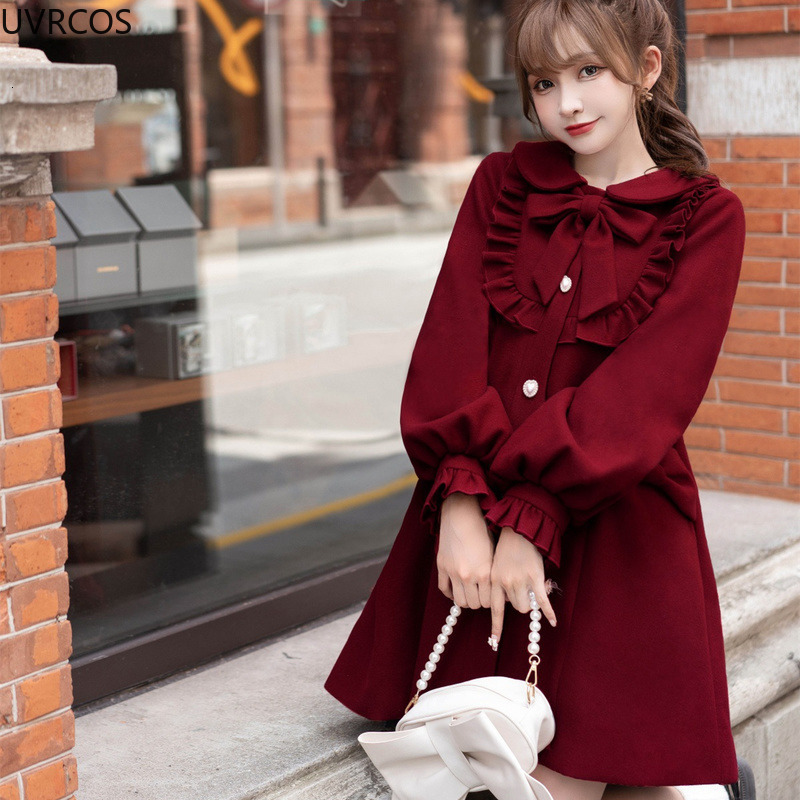 Women's Wool Blends Winter Woolen Coat Japanese Lolita Style Sweet Kawai Bow A-Line Loose Jackets Female Elegant Fall Korean Fashion Outwear 2211