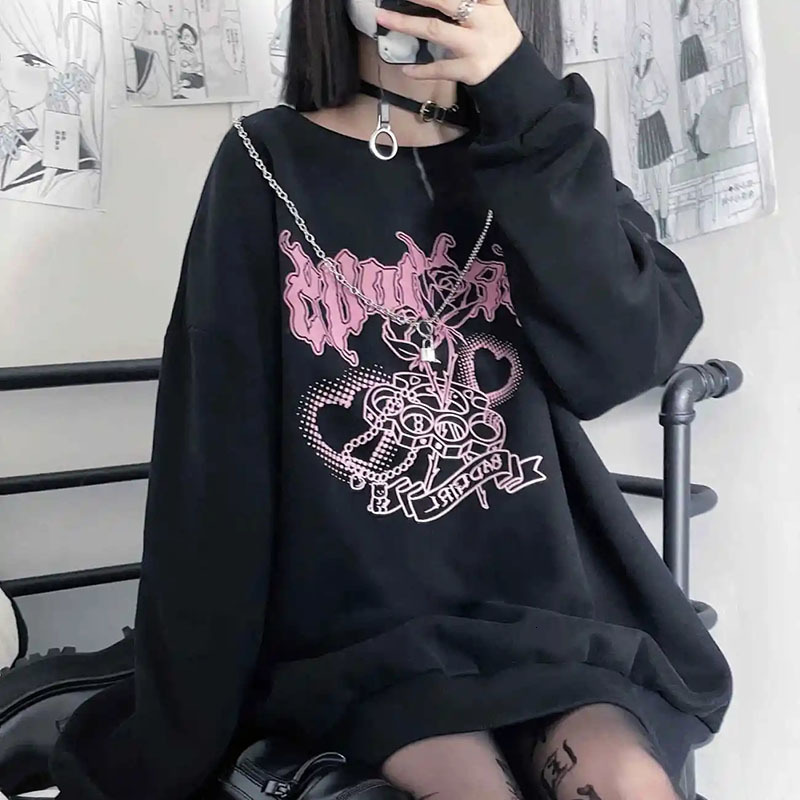 Women's Hoodies Sweatshirts Japanese Sweet Cool Black And White Sweater Women Plus Velvet Thickening Autumn Winter Student Loose Harajuku Style T