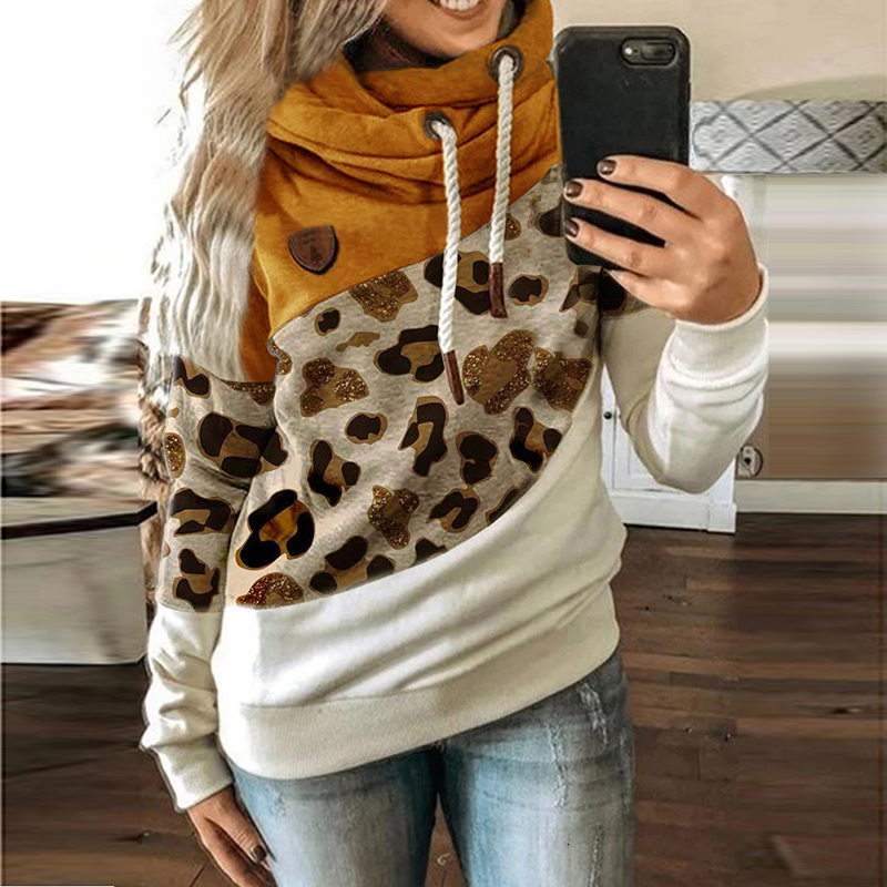 Women's Hoodies Sweatshirts Leopard Patchwork Sweatshirt Autumn Winter Turtleneck Long Sleeve Outwear Drawstring Hooded Pullovers Streetwear 2211