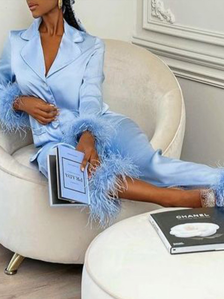 Womens Two Piece Pants Sexy With Feather Blazer And Straight Suits Women Fashion Furry Tailored Collar Shirts Trousers Set Lady Outfit 221121