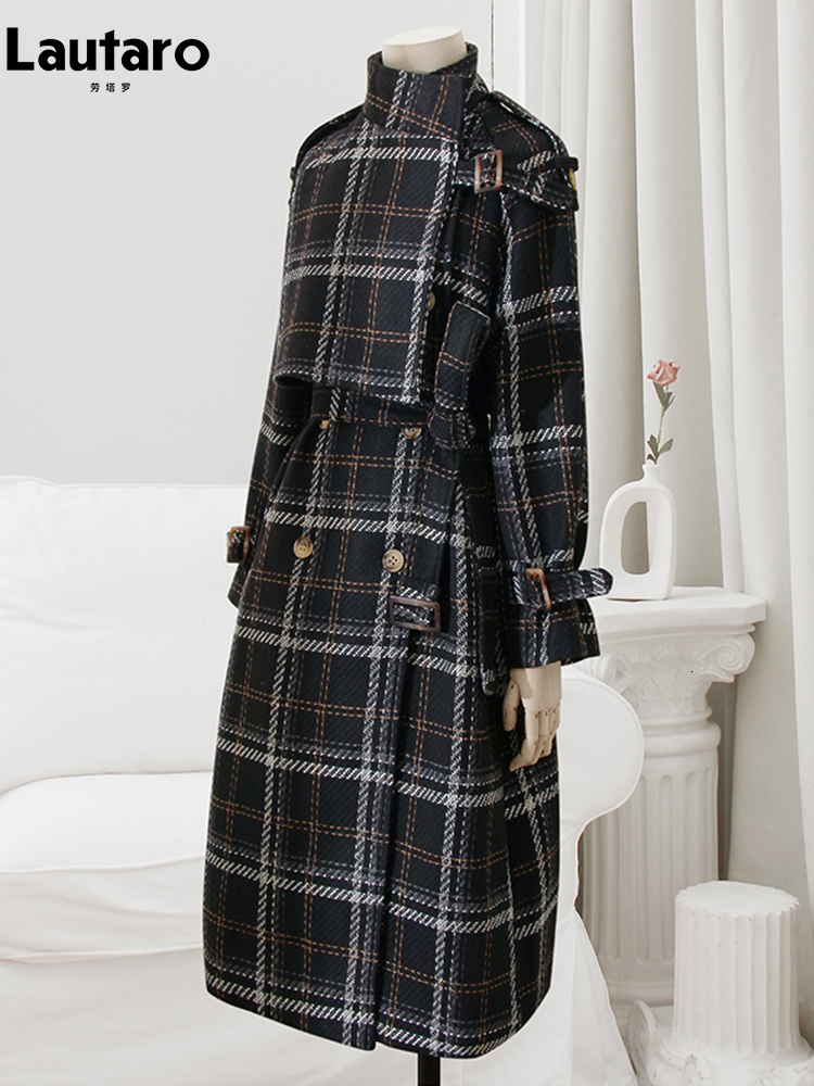 Women's Wool Blends Lautaro Autumn Winter Long Loose Warm Plaid Trench Coat for Women Raglan Sleeve Belt Double Breasted en Overcoat 221121