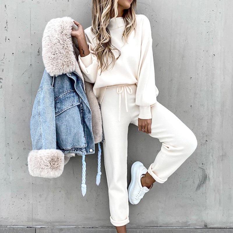 Women's Hoodies Sweatshirts Tracksuit Two Pieces Autumn Fashion Solid Casual Long Sleeve Pullover Outfits High Waist Bandage Pants Oversized 2211
