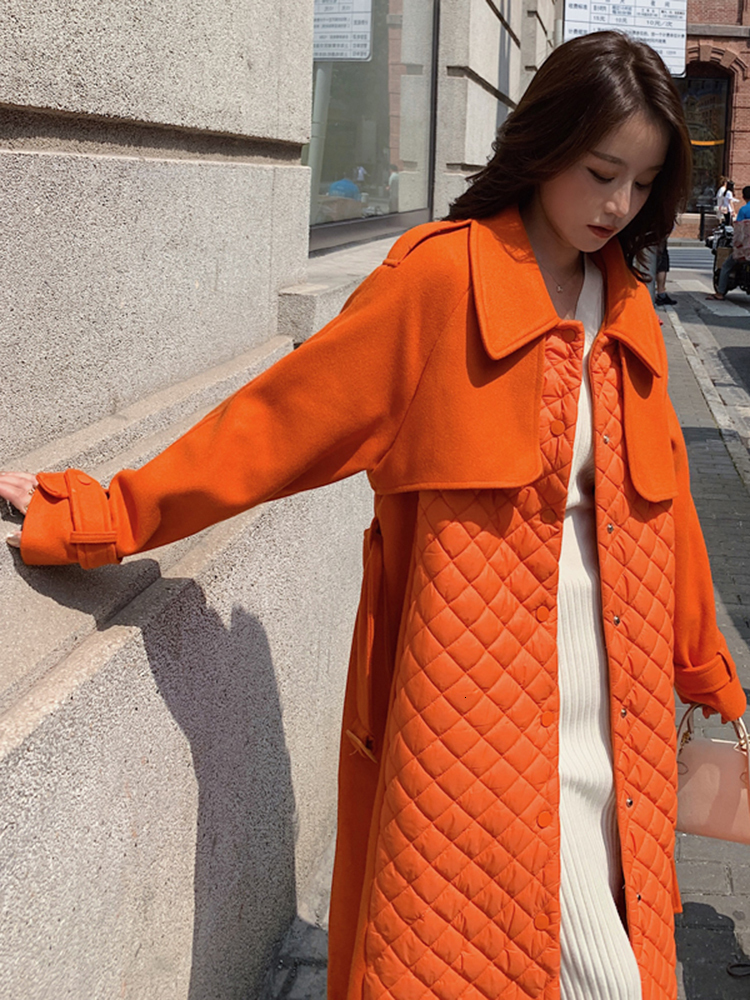 Women's Wool Blends LANMREM Patchwork Plaid Woolen Coats Women Lapel Long Sleeves Single Breasted Orange Belt Coat Female Streetwear Clothing 2R7
