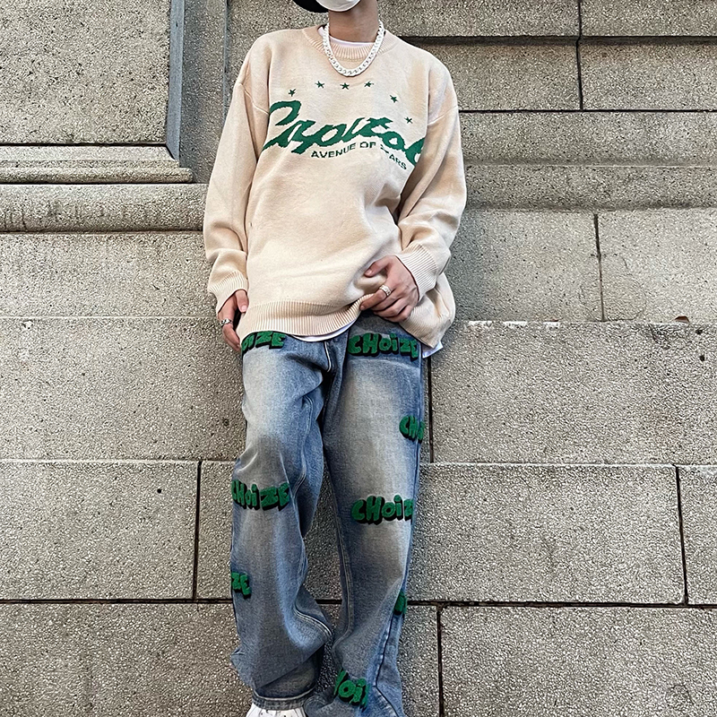 Men's Sweaters Japanese Retro Alphabet Stars Crew Neck Sweater Men and Women Pullover High Street Oversize Loose Casual Autumn 221121