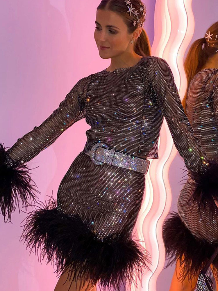 Two Piece Dress Casual Dresses Zoctuo Women Feather Bling Glitter Sequins Sexy Y2K Clothing 2Piece Set Long Sleeve Crop Top High Waist Mini Skirts Sui