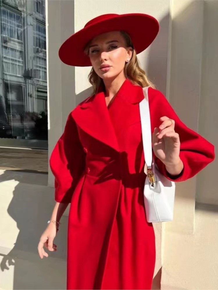 Women's Wool Blends Autumn Lantern Sleeve Women Woolen Coat Lapel Double-Breasted Office Lady Long Jackets Female Coats Windbreaker Thick Streetw
