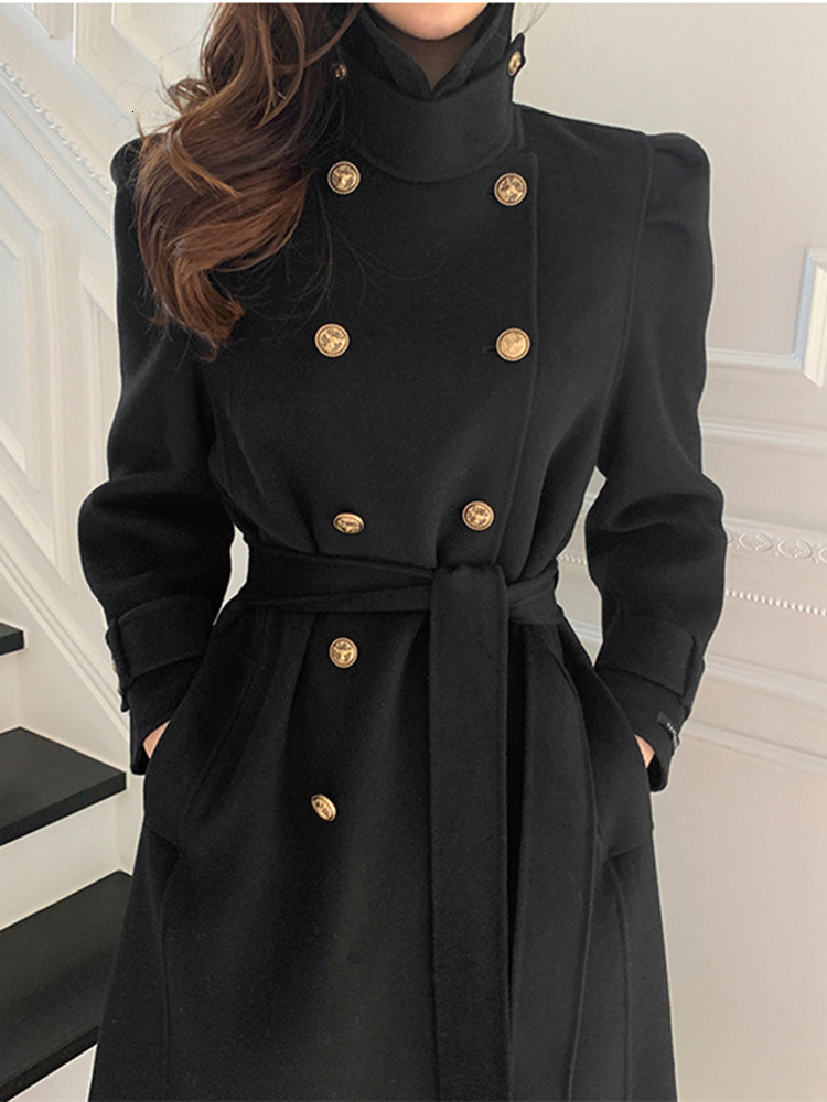 Women's Wool Blends Sungtin Korea Casual loose Turtleneck Woolen Coat with Belt Women Thick Warm Sashes Long Jacket Female Elegant High Quality 2