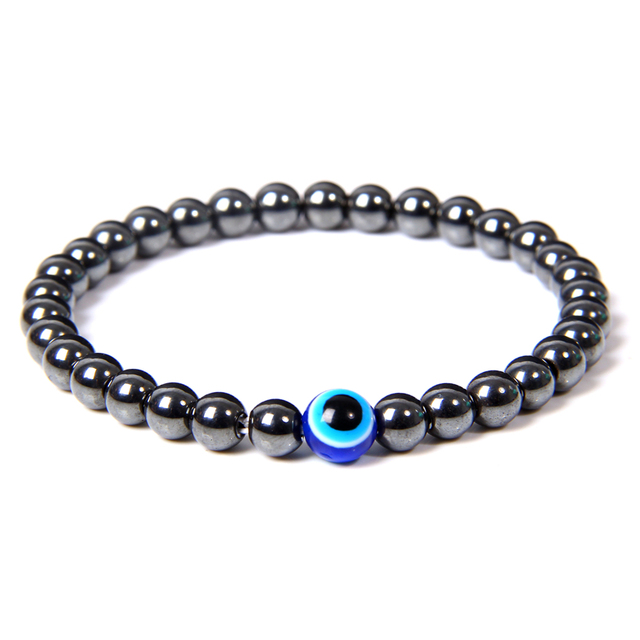 Fashion 6mm Natural Stone Beads Evil Eye Bracelet Handamde Hematite Turkish Blue Eyes Bracelets for Women Men Yoga Reiki Jewelry