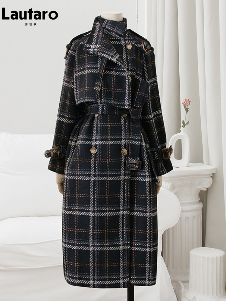 Women's Wool Blends Lautaro Autumn Winter Long Loose Warm Plaid Trench Coat for Women Raglan Sleeve Belt Double Breasted en Overcoat 221121