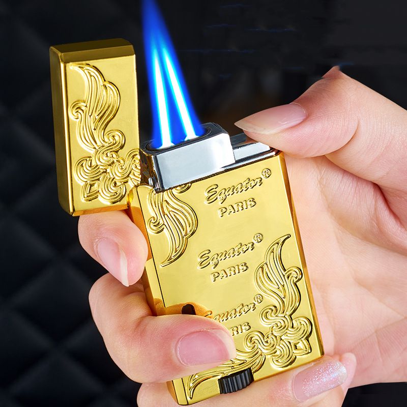 New Windproof Cigarette Lighters Jet Gas Torch Relief Golden Lighter Metal Double Flame Cigar Lighter with Ping Sound Men Smoking Gift
