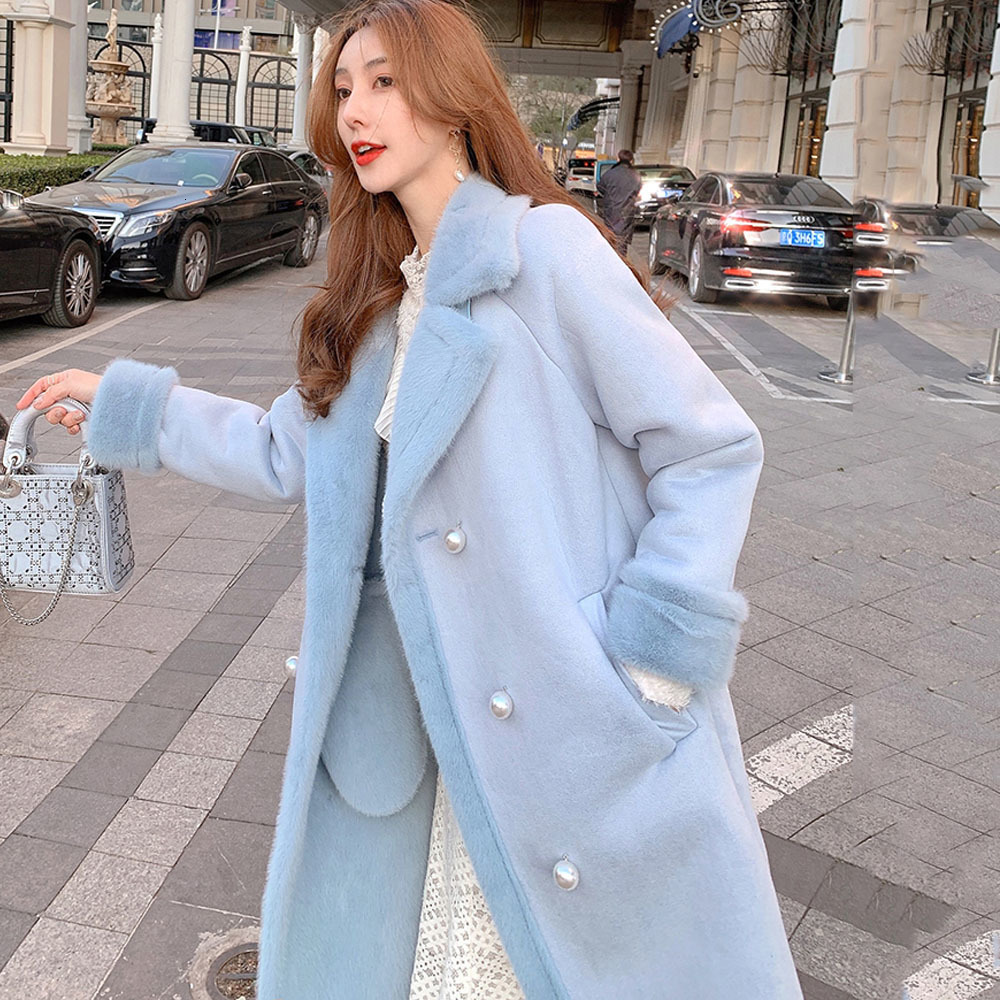 Women's Wool Blends Women Winter Plush Lining Thick Warm Elegant Pink Faux Fur Coat Female Lapel Fairy Woolen Coats Lady Pearl Button Outerwear 2