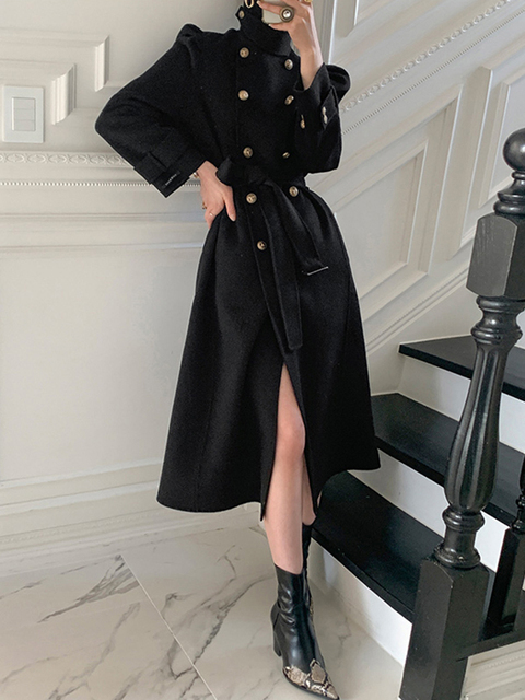 Women's Wool Blends Sungtin Korea Casual loose Turtleneck Woolen Coat with Belt Women Thick Warm Sashes Long Jacket Female Elegant High Quality 2